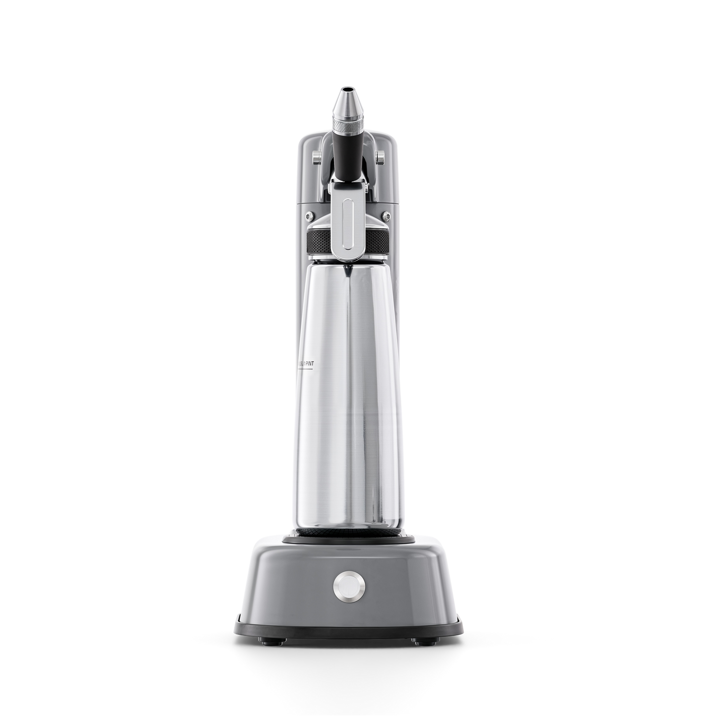 Beverage dispense system with stainless steel dispenser and gray base on a white background