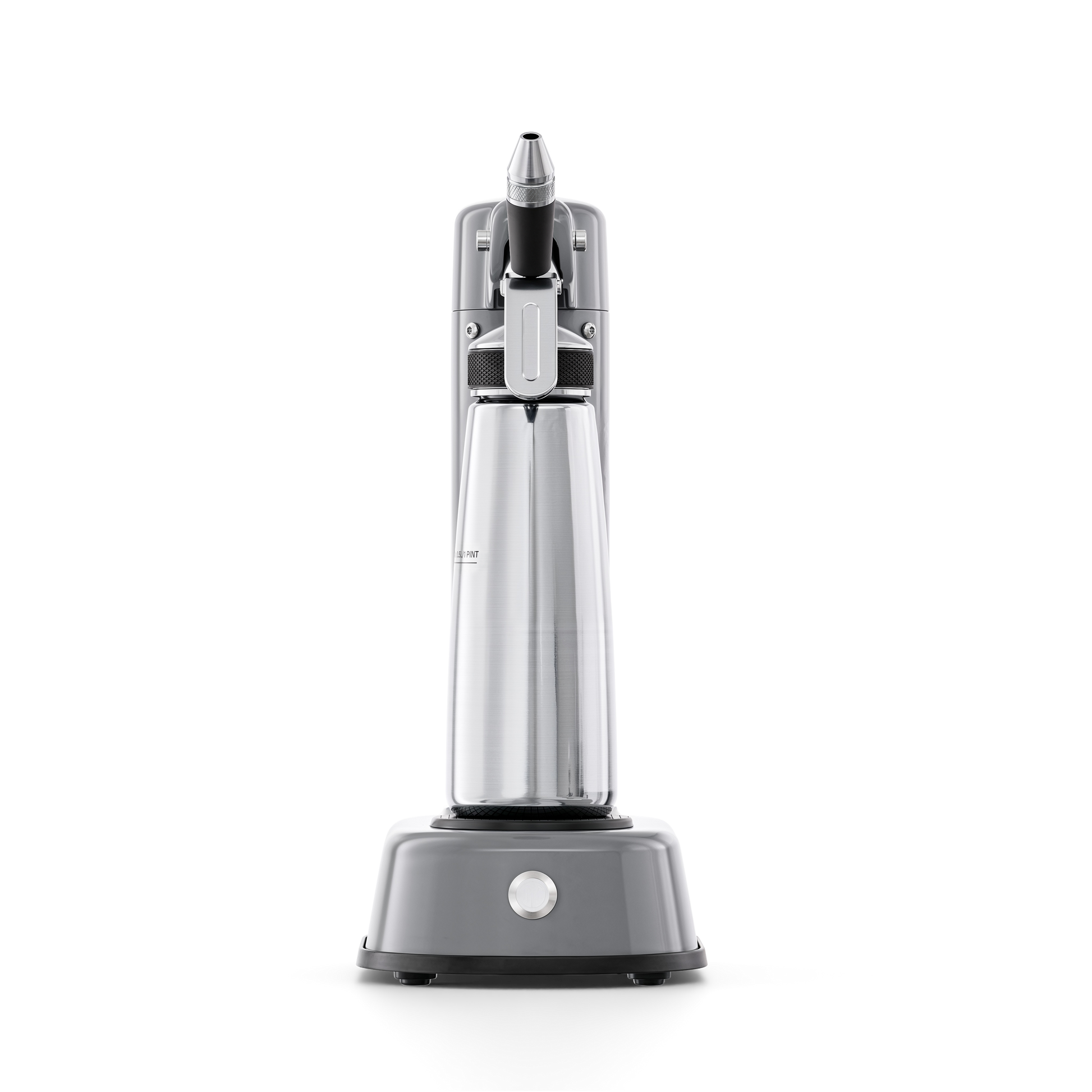 Beverage dispense system with stainless steel dispenser and gray base on a white background